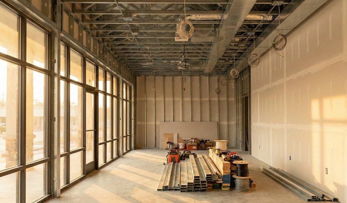 Steel stud framing on a commercial build-out